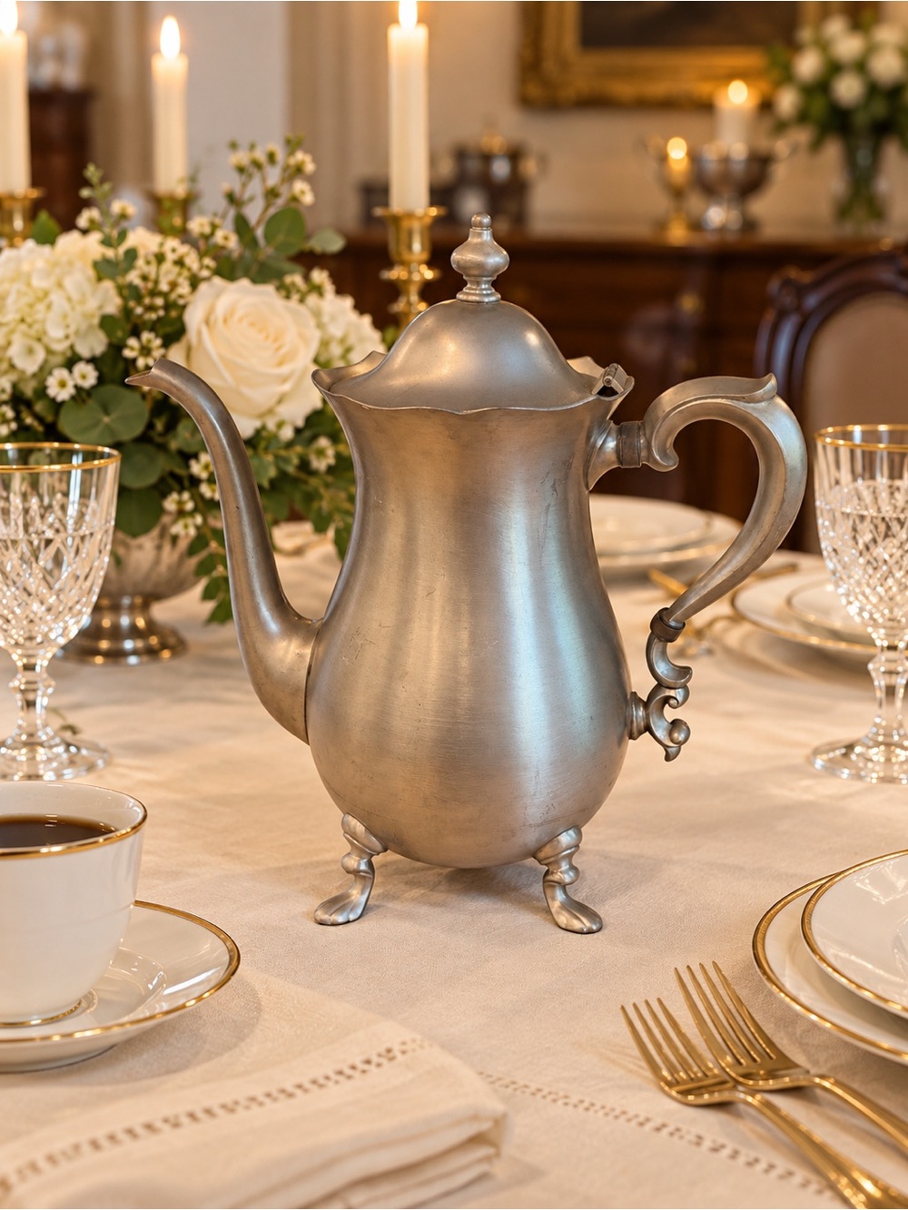 Vintage Pewter by Poole No. 2225 Footed Coffee Pot 10” Colonial Revival
